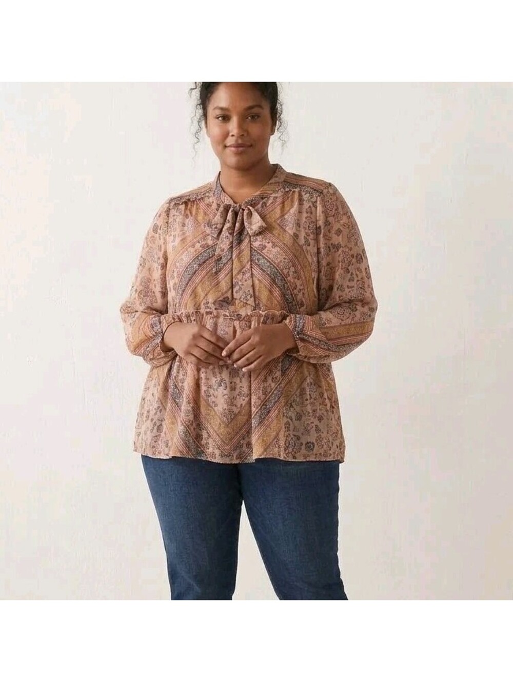 Knox Rose Top Womens XL Beige Floral Chiffon Tie Neck Tunic Spring Boho Blouse